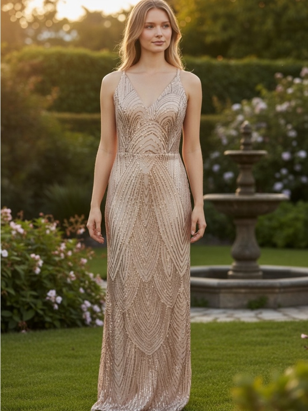 Beaded V-Neck Evening Gown in Champagne